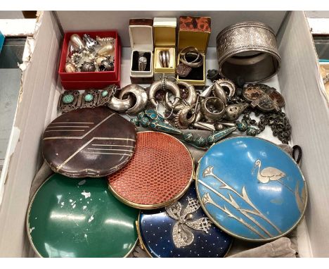 Group of silver and white metal jewellery, other costume jewellery, paste set tiara and some vintage powder compacts