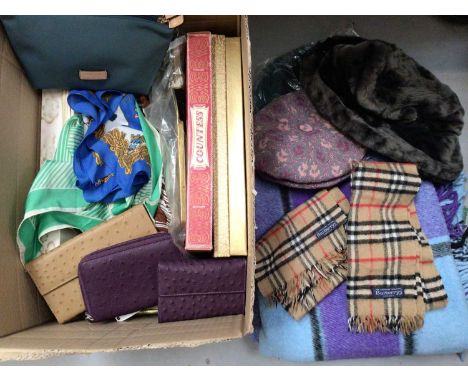 Two vintage Burberrys' scarves, other vintage accessories, dressing table sets, shoes, pair of old ice skates, Bennetts of Lo