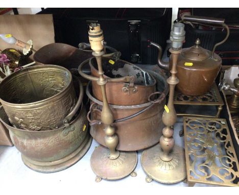 Collection of antique and vintage brass, copper and metalwork to include a Victorian copper kettle, copper coal scuttles, bra