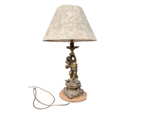 Ormolu style cherub lamp with shade, total height 63cm