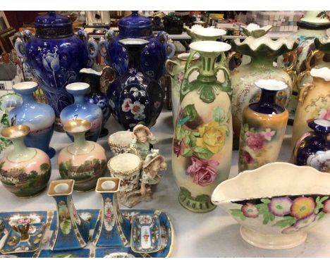 Group of Victorian and later pairs of vases, large painted glass vase with cover, Noritake ceramic dressing table set, Coalpo