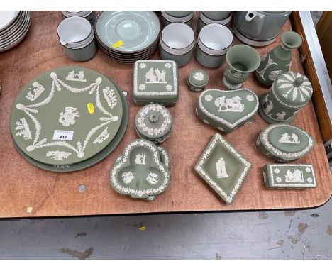 Group of green Wedgwood Jasperware dishes, trinket boxes and other items.