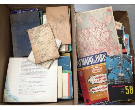 Two boxes of vintage road maps, car workshop manuals, booklets and other ephemera