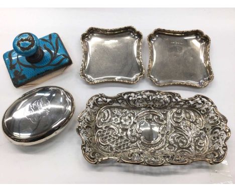 Pair of small silver square pin dishes, a pierced silver dish, silver snuff box and a silver enamelled blotter