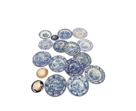 Group of 19th century blue and white transfer printed china, including Spode Vandyke, Aesop-s Fables, Italian, Botanical, etc