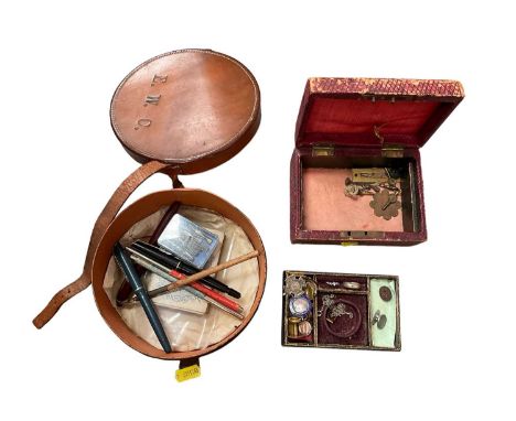 Antique jewelers box and various contents together with a leather stud box and vintage pens