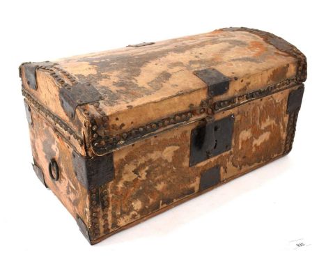 Georgian stud closed pony skin carriage document box, domed form with label to interior for Daniel, saddle, harness and trunk