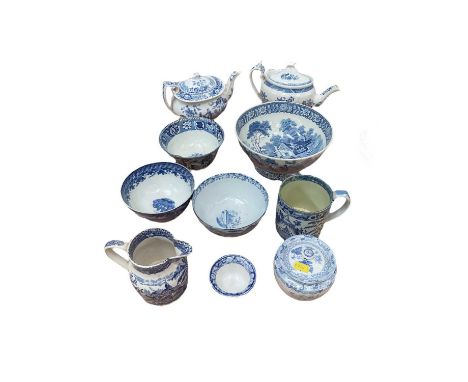 Group of 19th century blue and white transfer printed china, including two Spode teapots (one with Girl at the Well pattern),