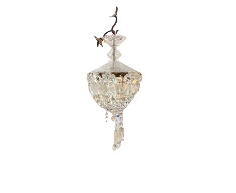 Edwardian cut glass ceiling light with prismatic drops and three watercolours of village views and flowers