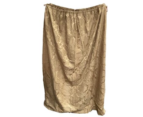 Pair of gold curtains with floral pattern, measuring approximately 120cm pleated top, 200cm drop and 175cm bottom width. Toge