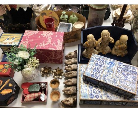 Victorian-style toleware planter, table lamp with cherub decoration, various decorative boxes, ornaments and sundries