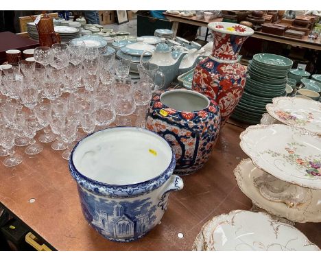 Two early 20th century Japanese Imari pottery vases and a George Jones 'Abbey' pattern blue and white jardiniere (3)