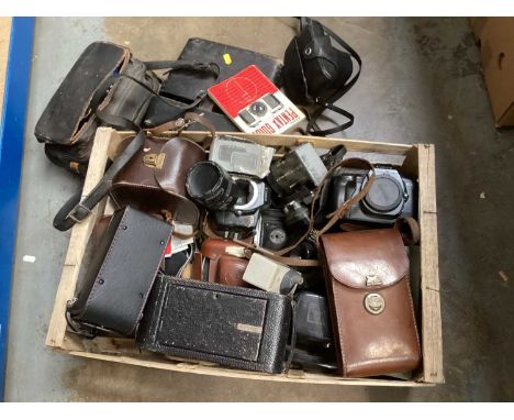 Box of vintage cameras including Kodak