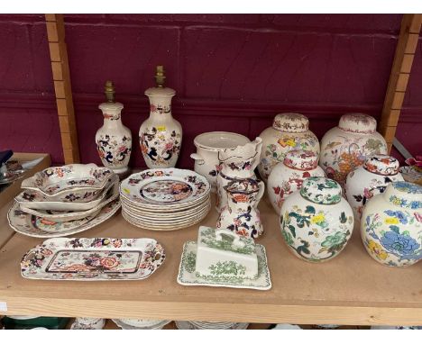 Collection of Masons Mandalay, Regency and other patterns to include lamps, ginger jars and other items (1 shelf)