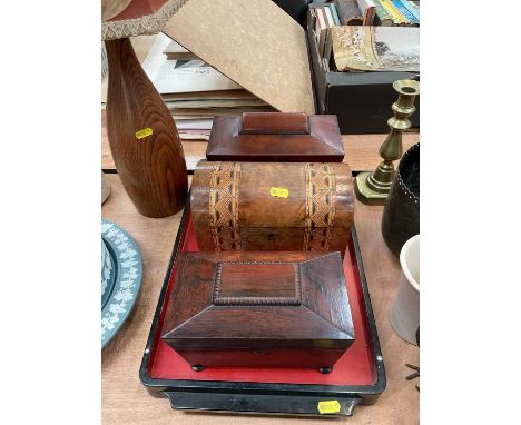 Two 19th century mahogany tea caddies, walnut and parquetry box, a lacquer tray and an oak lamp.