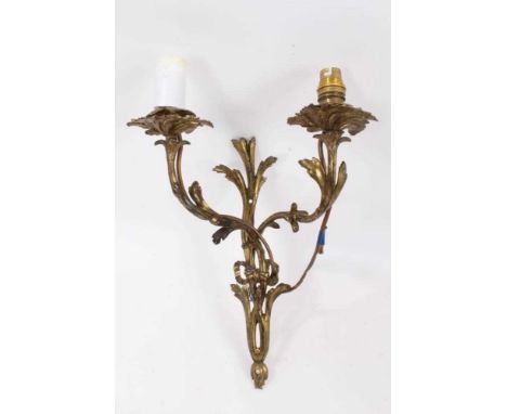 Rococo style ormolu wall light, with twin scrolling foliate branches, 40cm high
