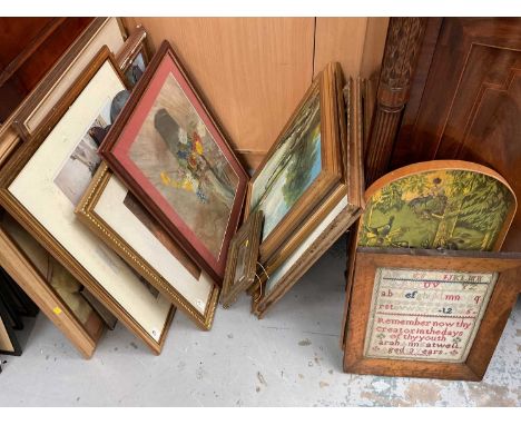 Collection of pictures, including watercolours and prints, together with a sampler and a bagatelle board