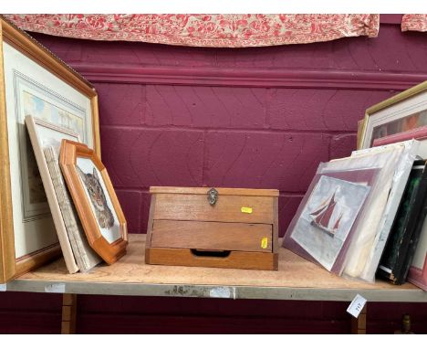 Sewing box and a group of pictures, including watercolours (1 shelf)