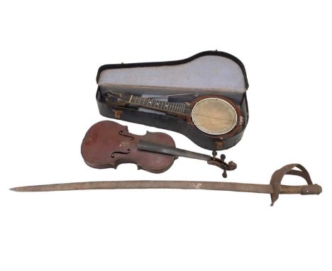 Antique sword, old violin and a ukulele-banjo in case (3)