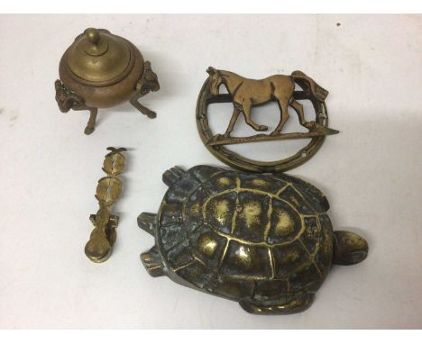 Brass tortoise, a door knocker, a sovereign scales and a small vase and cover