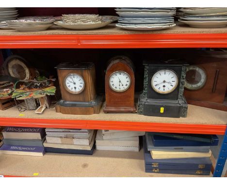 Group of clocks, including Victorian slate clock, cuckoo clocks, etc (1 shelf)