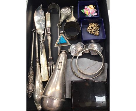 Silver items including a pair of sugar tongs, a napkin ring, flatware, bangle, other jewellery, mother of pearl gaming counte