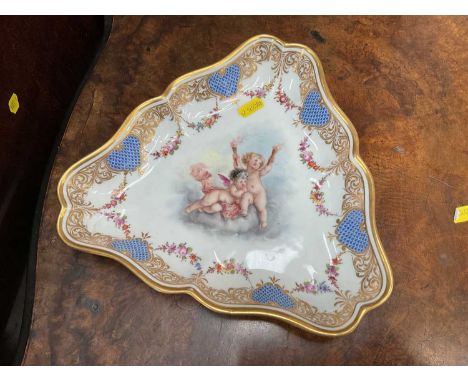 19th century Dresden porcelain trefoil dish, finely painted with cherubs on scale blue and gilt borders with polychrome flora