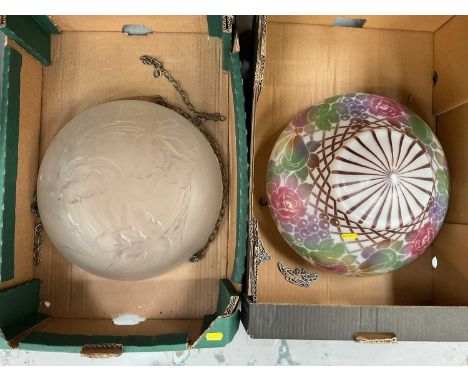 Art Nouveau frosted glass ceiling light with floral decoration, together with an Italian ceiling light (2)