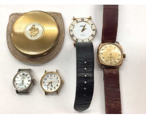 Vintage 9ct gold cased wristwatch, three other watches and a powder compact Watch weighs 25.5 grams in total 