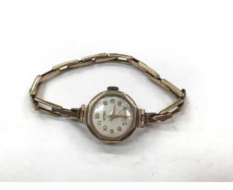 9ct gold Technos ladies vintage wristwatch on 9ct gold braceletTotal weight 14.4 grams 