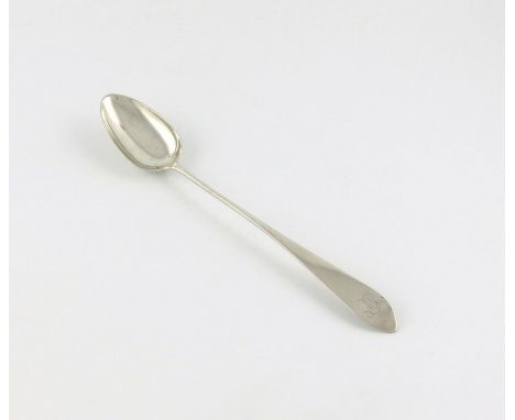 A George III Scottish silver Celtic Point pattern basting spoon, maker's mark of RS, Edinburgh 1791, the terminal with a scri