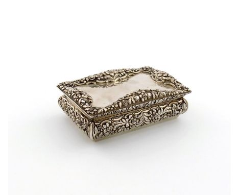 An early Victorian silver table snuff box, by Nathaniel Mills, Birmingham 1837, rectangular form, embossed foliate and engine