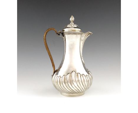 A George III silver coffee / hot water jug, maker's mark A.F, London 1768, baluster form, part-fluted decoration, wicker-boun