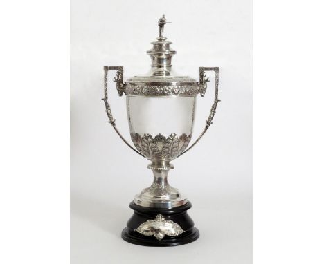 A massive late-Victorian two-handled silver trophy cup and cover, by Elkington and Co, Birmingham 1894, circular form, foliat