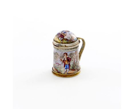 A late 19th century Austro-Hungarian miniature silver-gilt and enamel tankard, maker's mark of S.G, Vienna, tapering circular