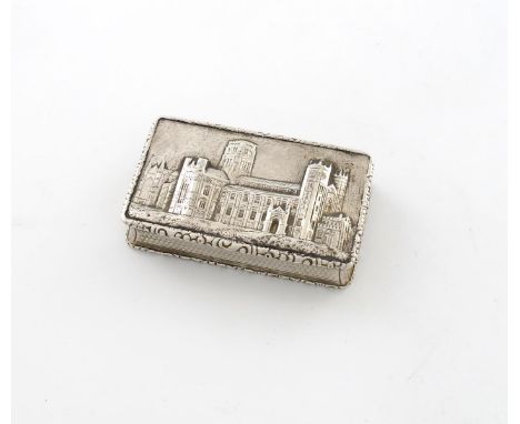 A Victorian silver 'castle-top' snuff box, by Nathaniel Mills, Birmingham 1840, rectangular form, the hinged cover with a sce