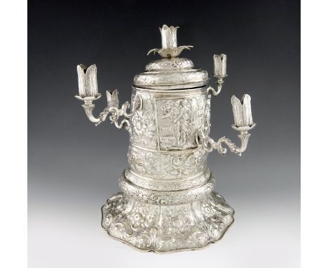 An extraordinary Victorian silver candelabrum centrepiece, converted from an 18th century tankard, the main body with cancell