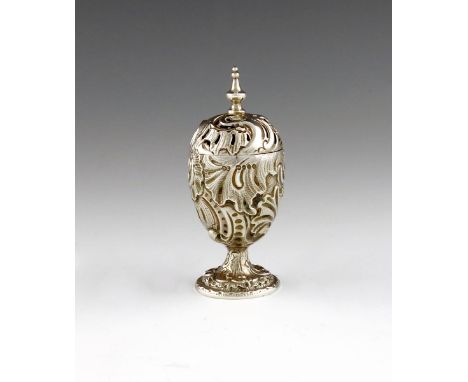 A Victorian cast silver caster, by Thomas Smily, London 1864, ovoid form, with scroll and rocaille decoration, the pull-off c