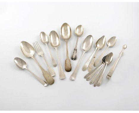 A small collection of silver flatware, comprising: a set of four Irish Bright-cut Star pattern teaspoons, by William Ward, Du