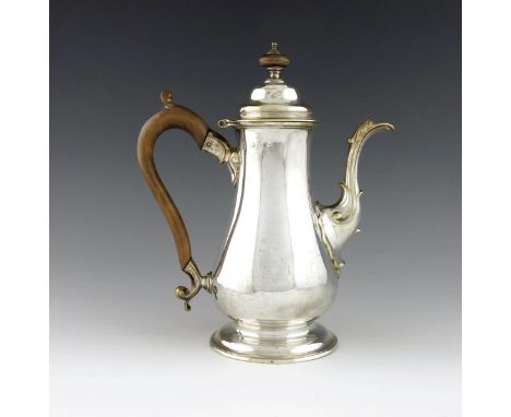 An 18th century silvered brass coffee pot, with unidentified marks, circa 1770, baluster form, scroll handle, domed hinged co