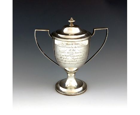 A George IV silver two-handled cup and cover, by William Bateman, London 1821, urn form, scroll handle, pull-off cover with a