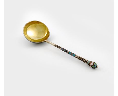 A late 19th century silver-gilt and enamel spoon, marks partially worn, probably Moscow 1884, assay master Viktor Savinkov, o