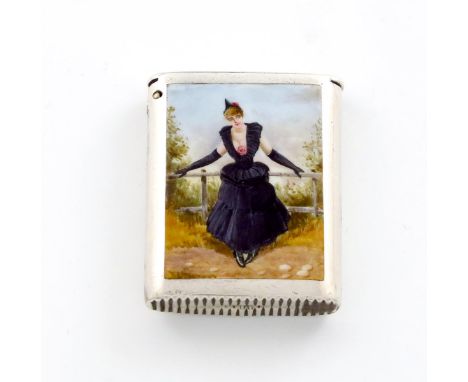 A Victorian silver and enamel vesta case, by L. Emmanuel, Birmingham 1887, rectangular form, hinged cover, the side enamelled