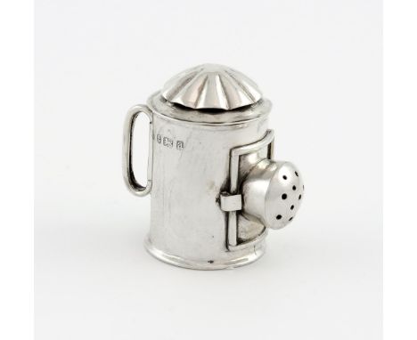 A late-Victorian novelty silver pepper pot, maker's mark of A and B, Birmingham 1900, modelled as a railway lamp, pull-off co