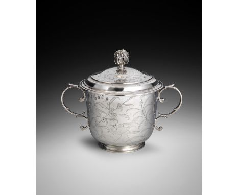 A Charles II silver Chinoiserie two-handled porringer and cover, by Benjamin Pyne, London 1683, circular form, scroll handles