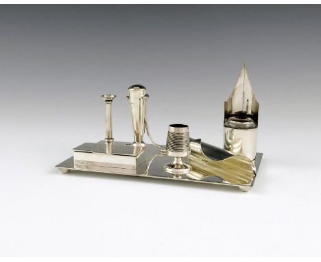 A Victorian novelty electroplated desk stand, by Hukin and Heath,  rectangular form, the inkwell modelled as a pen nib, with 