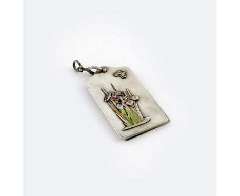 λA Japanese silver and enamel aide memoire, unmarked, rectangular form, enamelled with butterflies, lilies and flowers, with 