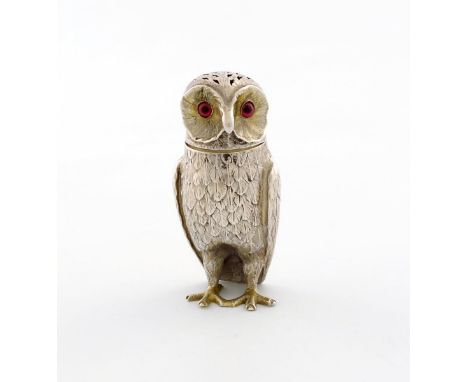 A Victorian novelty silver owl pepper pot, by Henry Wilkinson and Co, Sheffield 1851, the body unmarked,  modelled in a stand