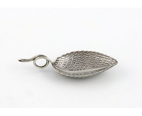 A George III silver feather and serpent caddy spoon, by Matthew Linwood, Birmingham 1809, leaf shaped bowl with textured feat