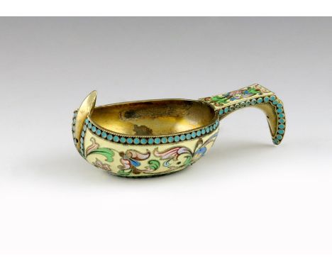 A Russian silver-gilt and enamel kovsch, post 1908, oblong shaped bowl, with foliate enamel decoration, on a yellow ground, t